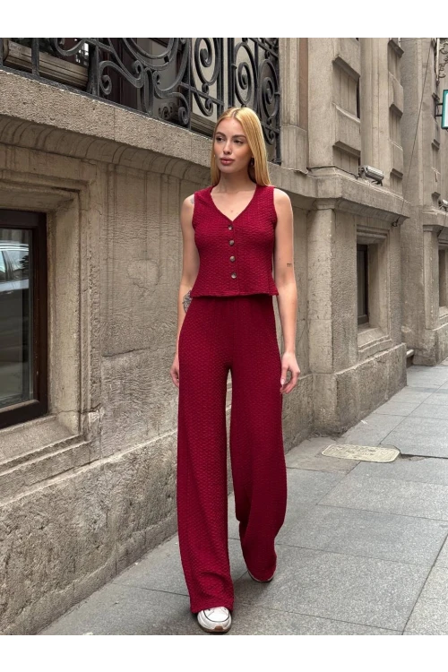 Kadın Bordo Gofre Kumaş Yelek Pantolon İkili Takım HZL25S-ZK13591