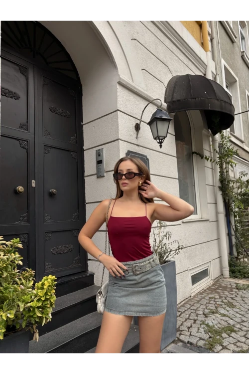 Kadın Bordo İp Askılı Örme Body Bluz HZL24S-ZK11001