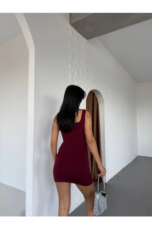 Kadın Bordo Kalın Askılı Yanlardan Drapeli Mini Elbise HZL25S-FRY123081