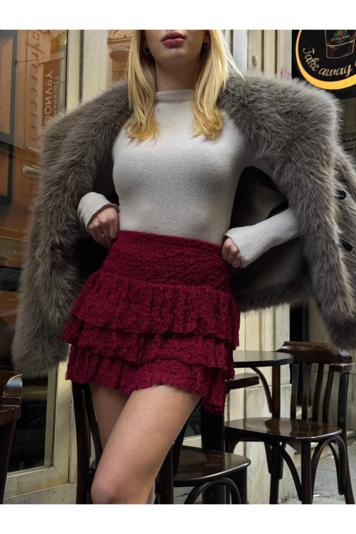 Kadın Bordo Katlı Dantelli Astarlı Mini Etek HZL25W-ZK13481