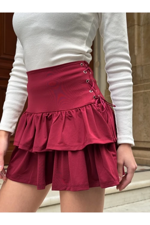 Kadın Bordo Kuş Gözlü Fır Fır Detaylı Mini Etek HZL25W-ZK11391