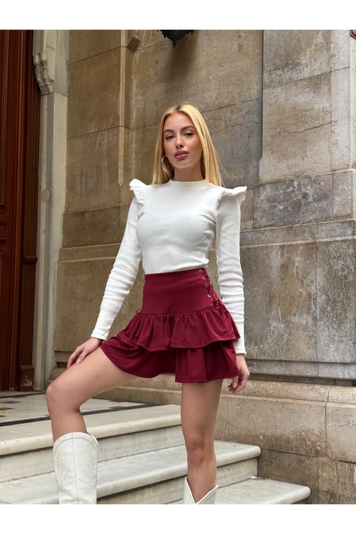 Kadın Bordo Kuş Gözlü Fır Fır Detaylı Mini Etek HZL25W-ZK11391