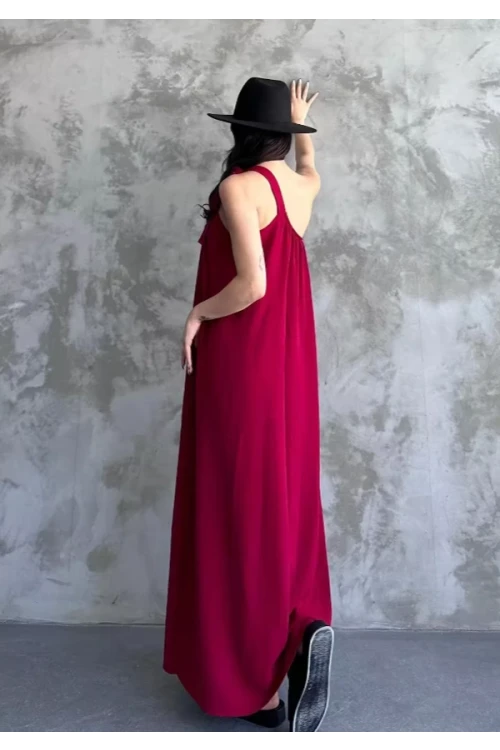 Kadın Bordo Omuzdan Bağlamalı Maxi Boy Dokuma Elbise HZL22S-DSB110031