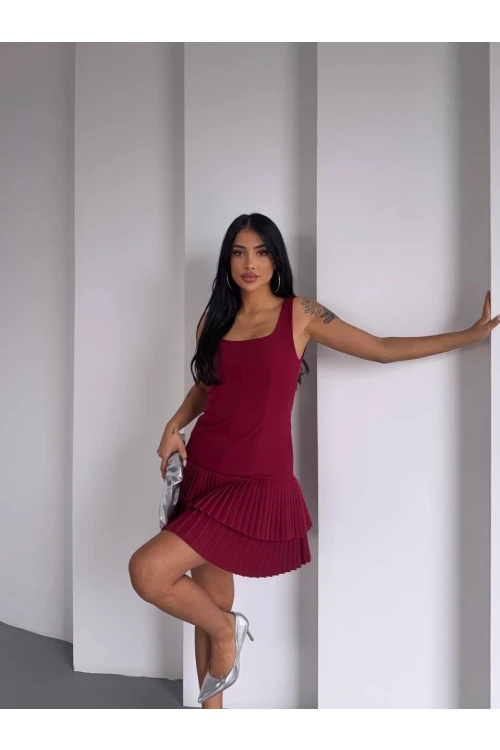 Kadın Bordo Pileli Şortlu Mini Elbise HZL25S-FRY122991