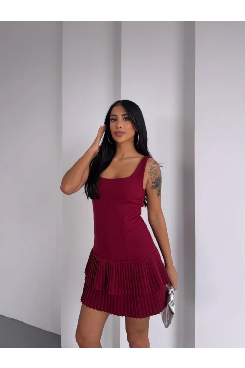 Kadın Bordo Pileli Şortlu Mini Elbise HZL25S-FRY122991