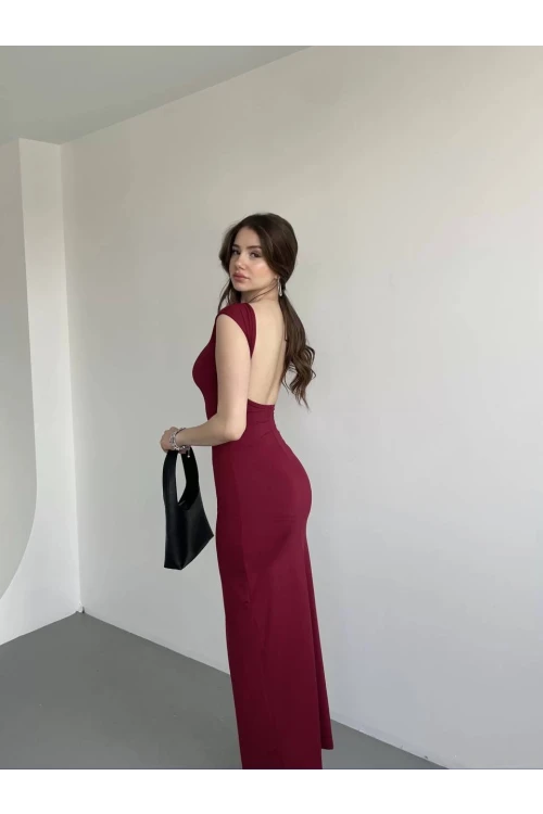 Kadın Bordo Sırt Dekolteli Yumuşak Dokulu Elbise HZL25S-ZK13321