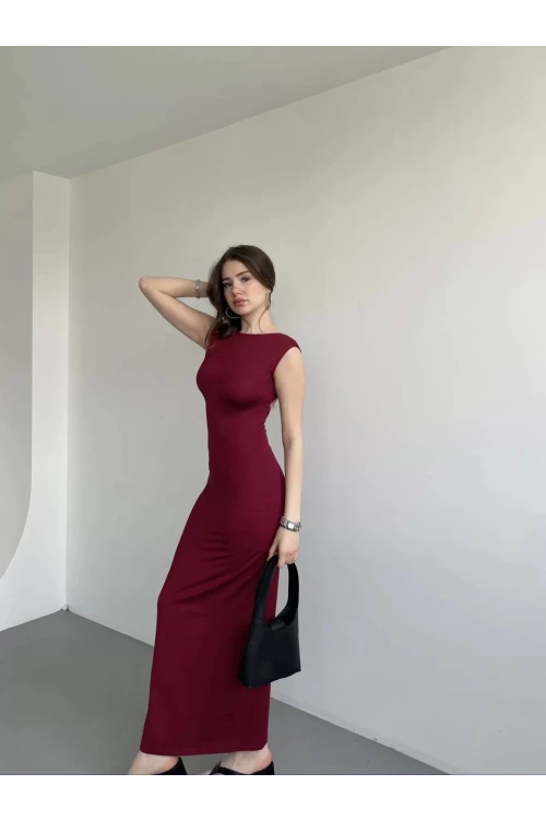 Kadın Bordo Sırt Dekolteli Yumuşak Dokulu Elbise HZL25S-ZK13321
