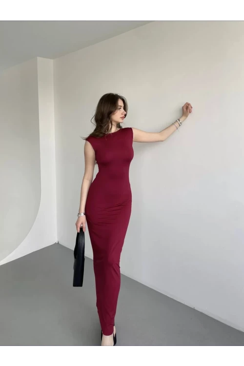 Kadın Bordo Sırt Dekolteli Yumuşak Dokulu Elbise HZL25S-ZK13321