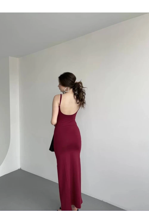 Kadın Bordo Sırtı Açık Yumuşak Dokulu Elbise HZL25S-ZK13281