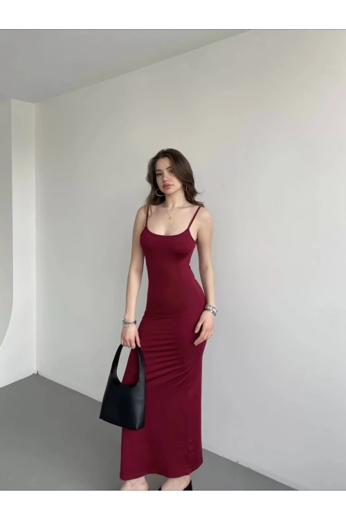 Kadın Bordo Sırtı Açık Yumuşak Dokulu Elbise HZL25S-ZK13281