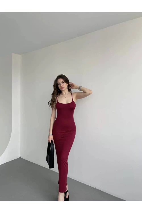 Kadın Bordo Sırtı Açık Yumuşak Dokulu Elbise HZL25S-ZK13281