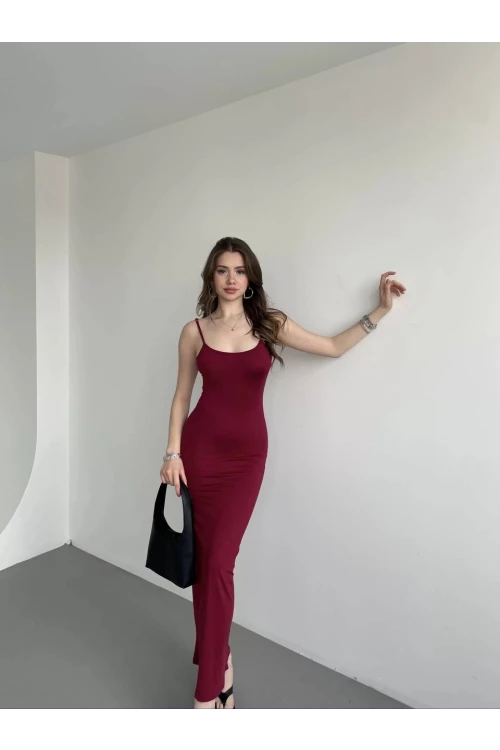 Kadın Bordo Sırtı Açık Yumuşak Dokulu Elbise HZL25S-ZK13281