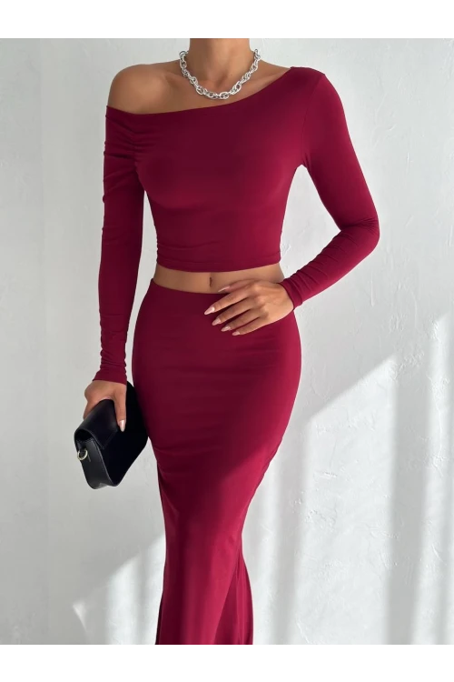 Kadın Bordo Tek Omuz Drapeli Sandy Kumaş  İkili Takım HZL25W-FRY122511