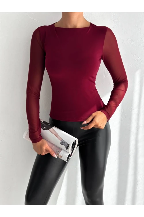 Kadın Bordo Uzun Tül Kol Sandy Bluz HZL25W-FRY122521