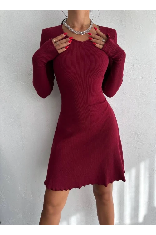 Kadın Bordo V Yaka Yandan İp Bağlamalı Kaşkorse  Elbise HZL24W-FRY121751