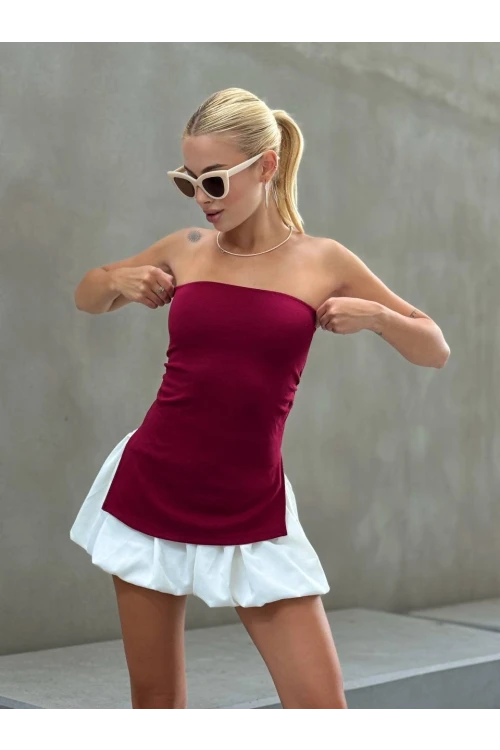 Kadın Bordo Yanı Büzgülü Çift Yırtmaçlı Straplez Bluz HZL24S-ZK13091