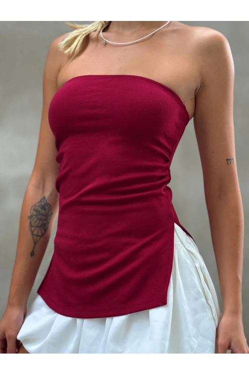 Kadın Bordo Yanı Büzgülü Çift Yırtmaçlı Straplez Bluz HZL24S-ZK13091