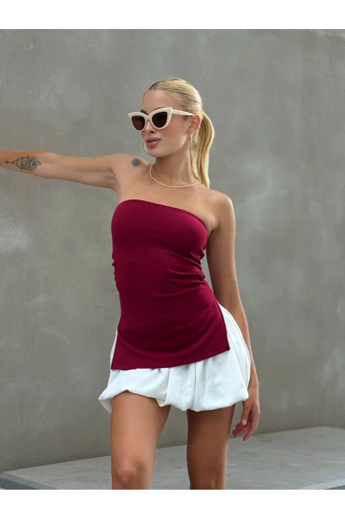 Kadın Bordo Yanı Büzgülü Çift Yırtmaçlı Straplez Bluz HZL24S-ZK13091