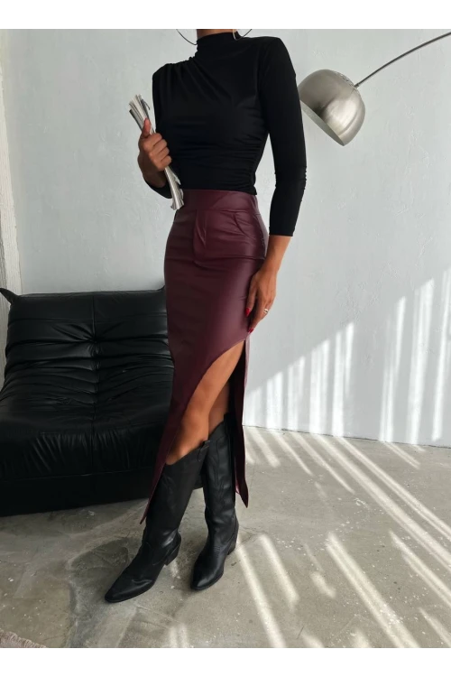 Kadın Bordo Yüksek Bel Cep Detaylı Yandan Yırtmaçlı Etek HZL25W-FRY122461