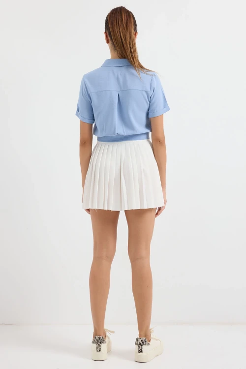 Kadın Buz Mavi Cepli Düğmeli Kısa Kollu Yazlık  Crop Gömlek Ceket HZL22S-BD106631