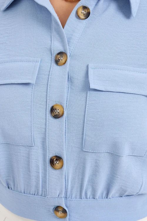 Kadın Buz Mavi Cepli Düğmeli Kısa Kollu Yazlık  Crop Gömlek Ceket HZL22S-BD106631
