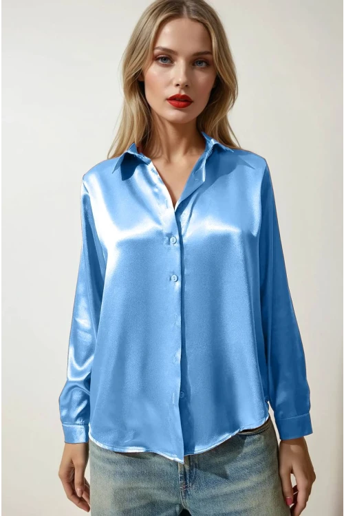 Kadın Buz Mavisi Hafif Dökümlü Saten Yüzeyli Gömlek HZL22W-BD139641