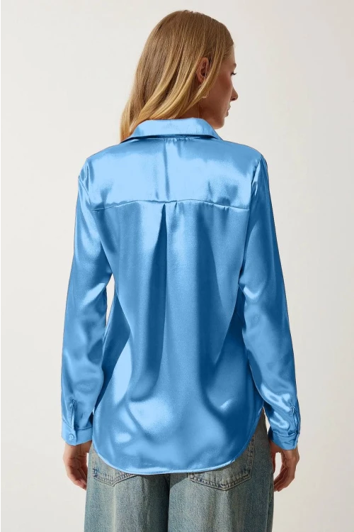 Kadın Buz Mavisi Hafif Dökümlü Saten Yüzeyli Gömlek HZL22W-BD139641