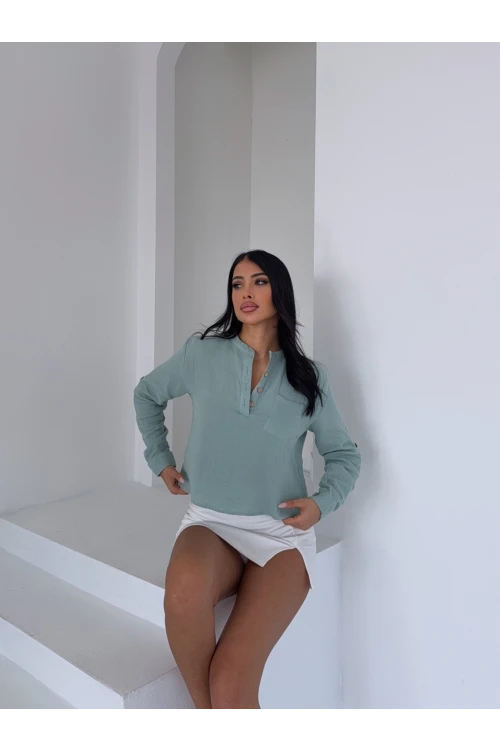 Kadın Çağla Yeşil Hakim Yaka Müslin Gömlek Bluz HZL25S-DSB1515