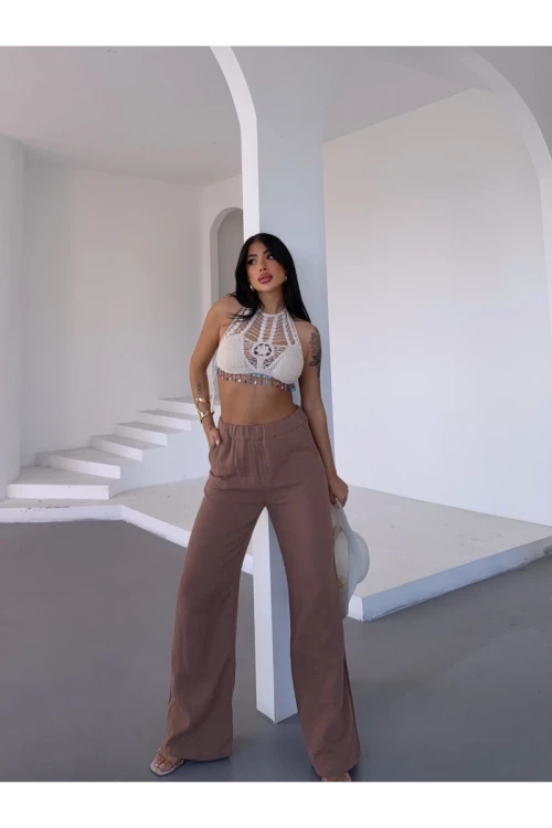 Kadın Camel Beli Lastikli Müslin Kumaş Bol Paça Pantolon HZL25S-DSB12221