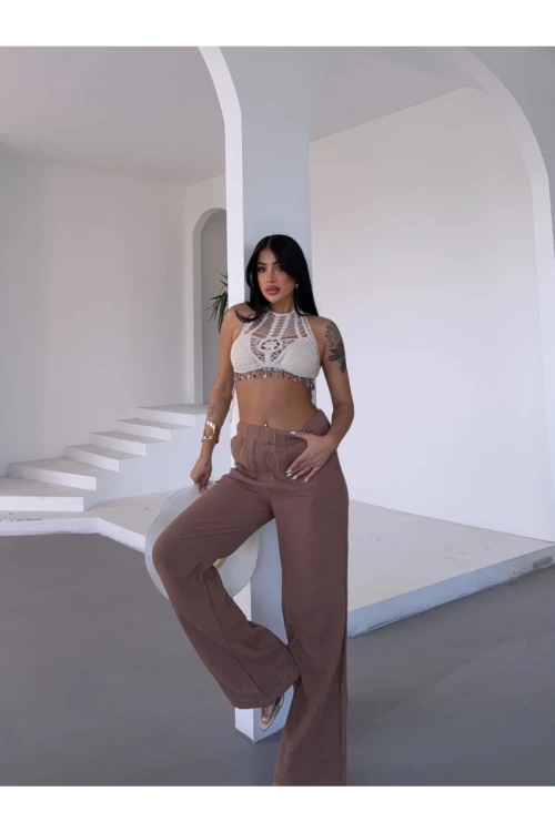 Kadın Camel Beli Lastikli Müslin Kumaş Bol Paça Pantolon HZL25S-DSB12221