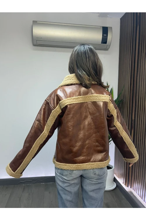 Kadın Camel İçi Kürklü Düğmeli Suni Deri Mont HZL23W-BRC129331