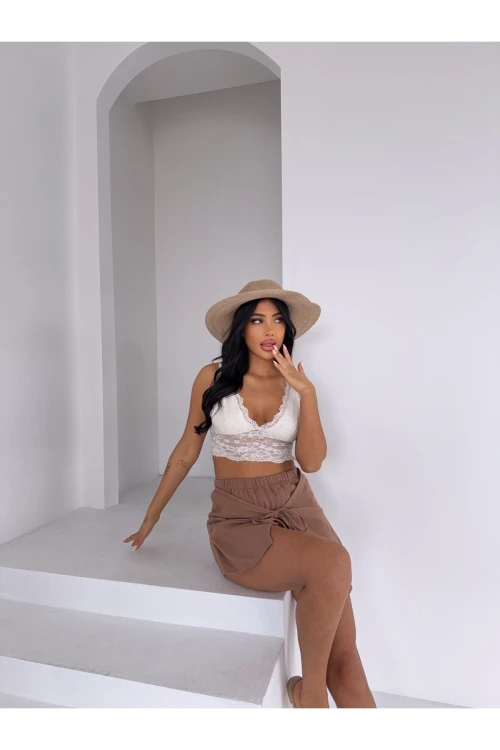 Kadın Camel Bağlama Detay Müslin Şort HZL25S-DSB2323