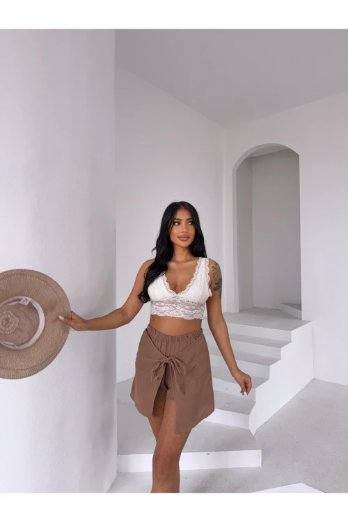 Kadın Camel Bağlama Detay Müslin Şort HZL25S-DSB2323