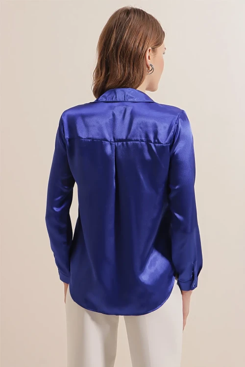 Kadın Canlı Mavi Saten Yüzeyli Tesettür Gömlek HZL25W-BD139641