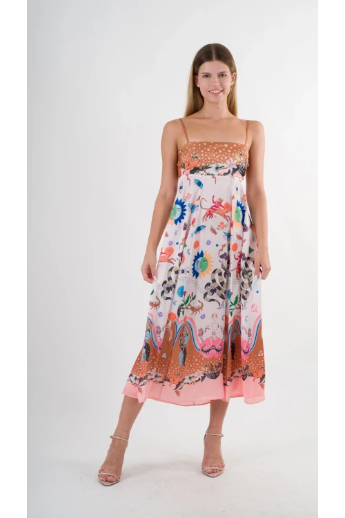 Kadın Çok Renkli İp Askılı Astarsız Uzun Elbise HZL24S-YY276