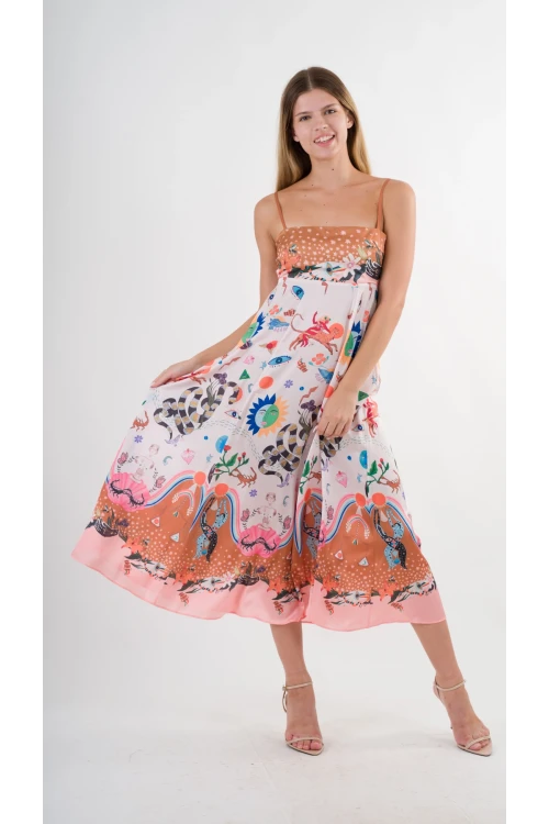 Kadın Çok Renkli İp Askılı Astarsız Uzun Elbise HZL24S-YY276