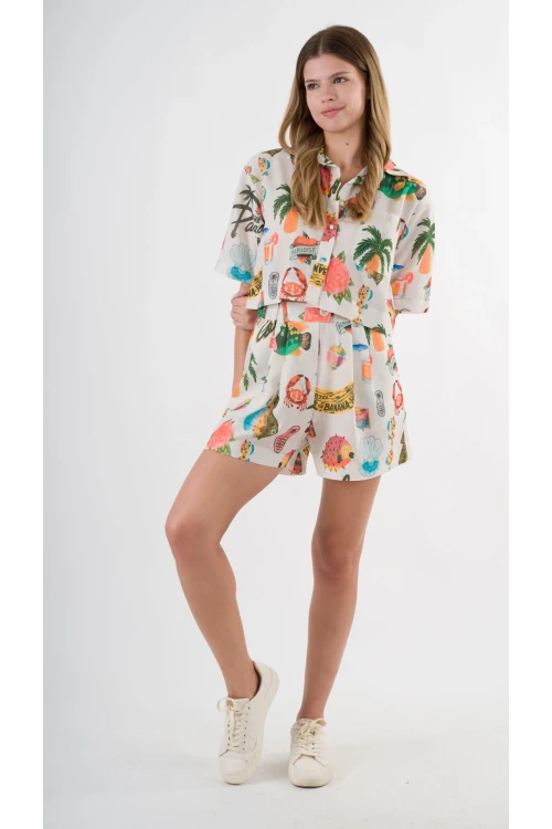 Kadın Çok Renkli Kısa Kollu Crop Gömlek HZL24S-YY299