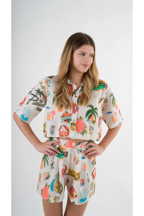 Kadın Çok Renkli Kısa Kollu Crop Gömlek HZL24S-YY299