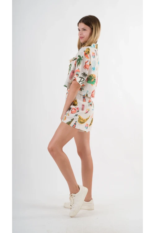 Kadın Çok Renkli Kısa Kollu Crop Gömlek HZL24S-YY299