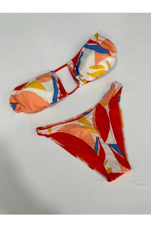 Kadın Çok Renkli Tropikal Desenli Astarlı Straplez Bikini Takım HZL25S-AR1666