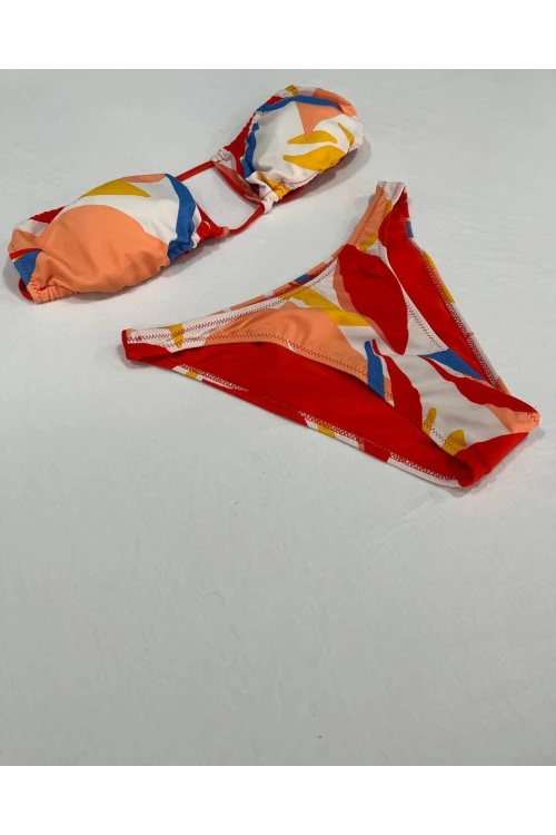 Kadın Çok Renkli Tropikal Desenli Astarlı Straplez Bikini Takım HZL25S-AR1666