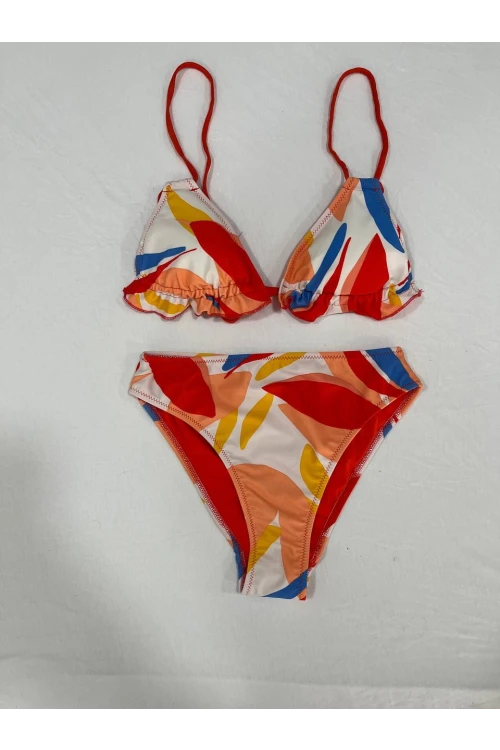 Kadın Çok Renkli Tropikal Desenli Astarlı Üçgen Bikini Takım HZL25S-AR1616