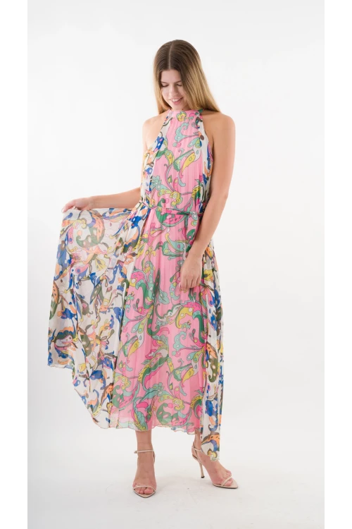 Kadın Çok Renkli Bloklu Yaprak Desenli Halter Yaka Kuşaklı Astarlı Uzun Elbise HZL24S-YY233