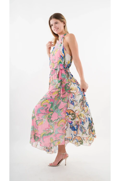 Kadın Çok Renkli Bloklu Yaprak Desenli Halter Yaka Kuşaklı Astarlı Uzun Elbise HZL24S-YY233