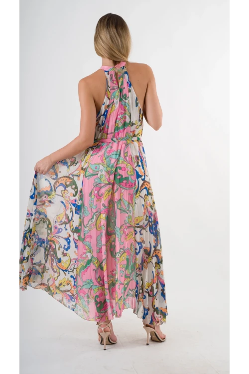 Kadın Çok Renkli Bloklu Yaprak Desenli Halter Yaka Kuşaklı Astarlı Uzun Elbise HZL24S-YY233