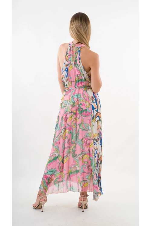 Kadın Çok Renkli Bloklu Yaprak Desenli Halter Yaka Kuşaklı Astarlı Uzun Elbise HZL24S-YY233