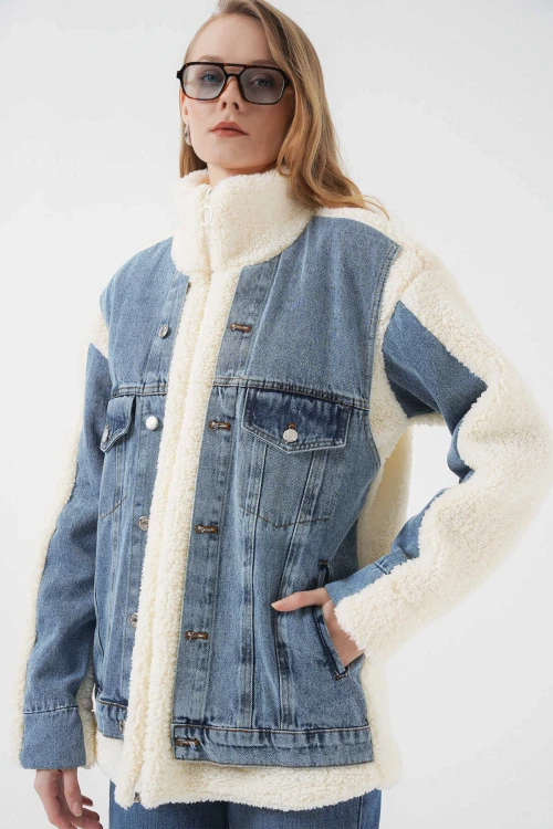 Kadın Ekru Kot Garnili İçi Astarlı Peluş Mont HZL25W-BD151981