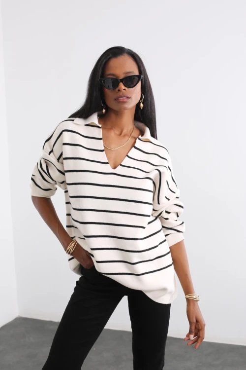 Kadın Ekru Siyah Çizgili Polo Yaka Triko Kazak  HZL25W-BD1100841