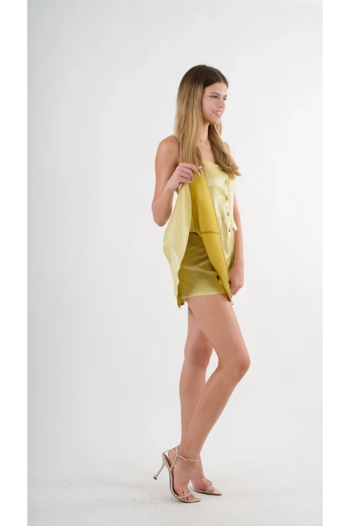 Kadın Fıstık Yeşili Askılı Önden Düğmeli Cepli Beli Lastikli Şortlu Elbise HZL24S-YY197