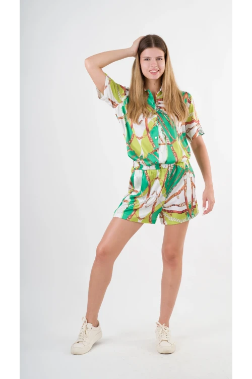 Kadın Fıstık Yeşili Desenli Şort Gömlek Alt Üst Takım  HZL24S-YY226